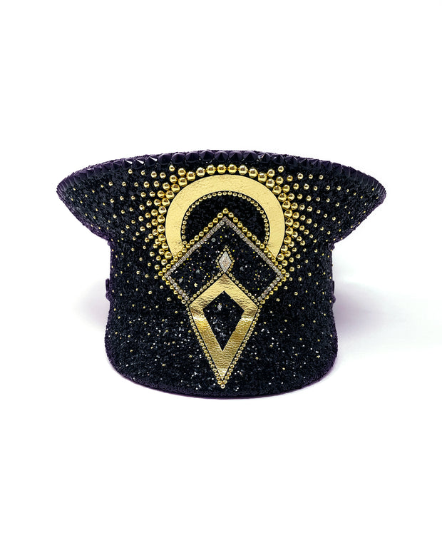Black and gold Captain hat. Authentic up cycled military hat, fully lined, hand embellished with black glitter, beautifully hand detailed with gold faux leather, clasped crystals and gold pearl like rhinestones. costume hat, festival hat, festival outfit, statement hat, high end hats, high end party wear, where to buy captain hats, stage wear, unique fashion, custom stagewear, festival essentials, festival headwear, halloween outfit