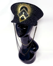 Black and gold Captain hat. Authentic up cycled military hat, fully lined, hand embellished with black glitter, beautifully hand detailed with gold faux leather, clasped crystals and gold pearl like rhinestones. costume hat, festival hat, festival outfit, statement hat, high end hats, high end party wear, where to buy captain hats, stage wear, unique fashion, custom stagewear, festival essentials, festival headwear, halloween outfit