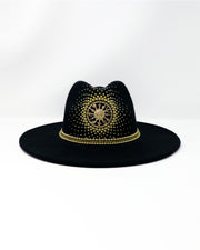 Black wide brim fedora hat. Gold sun & moon motive, hand embellished with gold metal clasped crystals & pearl like rhinestones. ladies day, festival hat, crystals, felt hat, boho, wool hat, classic hat, solstice, best fedora brand, festival outfit