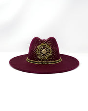 Burgundy red wide brim fedora hat, Gold sun & moon metal motive, hand embellished with metal clasped crystals & gold pearl like rhinestones. crystals, ladies day, festival hat, felt hat, boho, wool hat, classic fedora, British design, festival fashion, festival outfit, ladies day hat, designer hat, festival hat ideas, bohemian hat, wine red