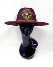Burgundy red wide brim fedora hat, Gold sun & moon metal motive, hand embellished with metal clasped crystals & gold pearl like rhinestones. crystals, ladies day, festival hat, felt hat, boho, wool hat, classic fedora, British design, festival fashion, festival outfit, ladies day hat, designer hat, festival hat ideas, bohemian hat, wine red