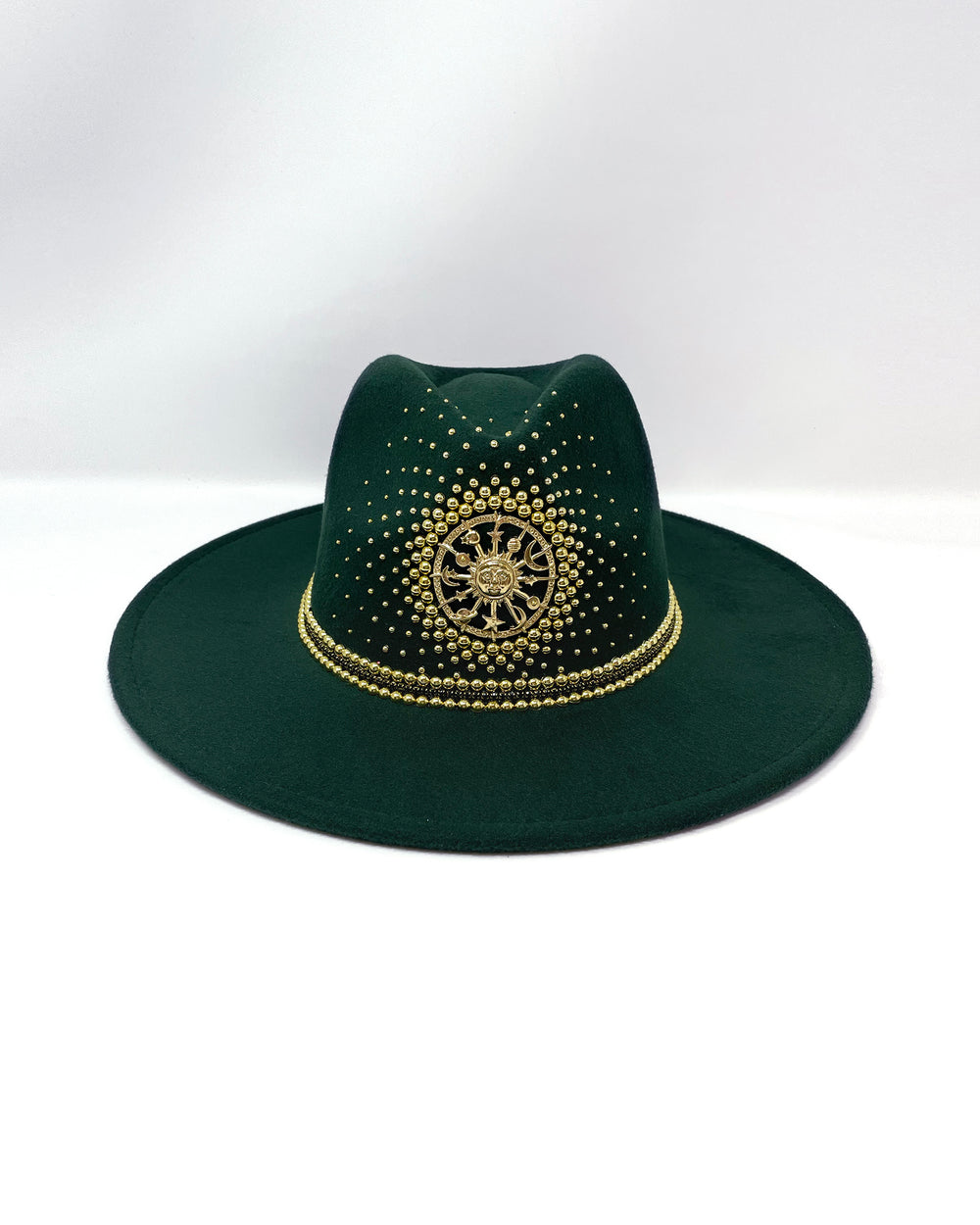 Forest Green Fedora. Gold sun and moon centre motif design, hand embellished with a gold pearl scatter. crystal and gold rhinestone band. ladies day hat, festival hat, boho, wide brim, moss green, wool hat , designer hat, festival hat, best fedora hat brand, festival fashion, hand embellished, made in the UK, ethical fashion brand, custom fedora, festival essentials, felt hat, statement hat, classic fedora, festival outfit inspiration, unique fashion