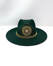 Forest Green Fedora. Gold sun and moon centre motif design,  hand embellished with a gold pearl scatter. crystal and gold rhinestone band. ladies day hat, festival hat, boho, wide brim, moss green, wool hat , designer hat, festival hat, best fedora hat brand, festival fashion, hand embellished, made in the UK, ethical fashion brand, custom fedora, festival essentials, felt hat, statement hat, classic fedora, festival outfit inspiration, unique fashion