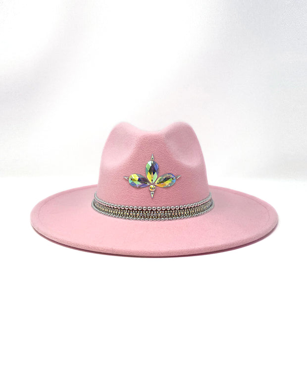 Light pink wide brim fedora hat, hand embellished with metal clasped crystals, silver pearl like rhinestones & Jukebox signature iridescent crystal logo. baby pink, ladies day, festival hat, boho, crystals, felt hat, hen do, bride hat, festival wear
