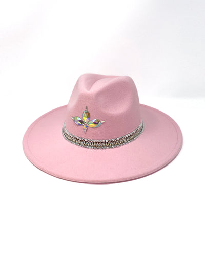 Light pink wide brim fedora hat, hand embellished with metal clasped crystals, silver pearl like rhinestones & Jukebox signature iridescent crystal logo. baby pink, ladies day, festival hat, boho, crystals, felt hat, hen do, bride hat, festival wear 