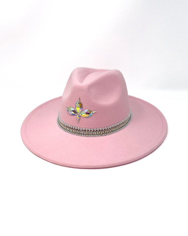 Light pink wide brim fedora hat, hand embellished with metal clasped crystals, silver pearl like rhinestones & Jukebox signature iridescent crystal logo. baby pink, ladies day, festival hat, boho, crystals, felt hat, hen do, bride hat, festival wear 