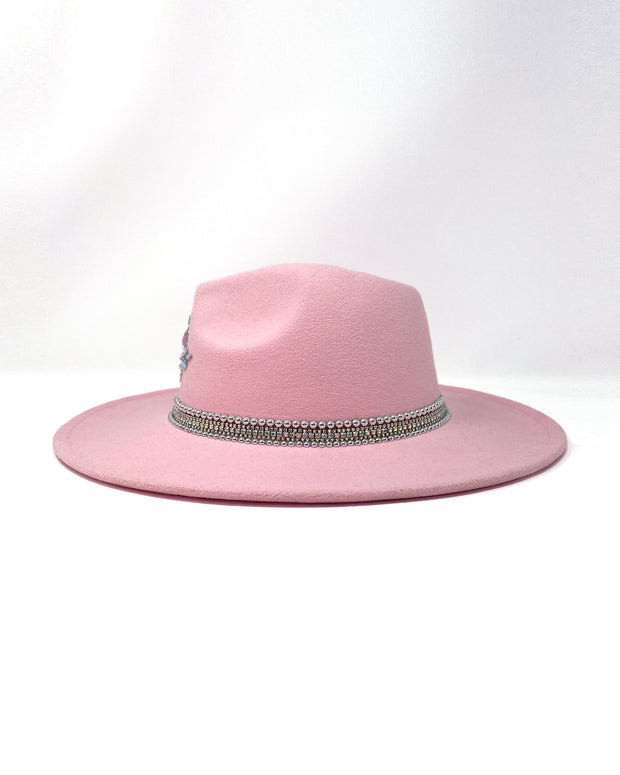 Light pink wide brim fedora hat, hand embellished with metal clasped crystals, silver pearl like rhinestones & Jukebox signature iridescent crystal logo. baby pink, ladies day, festival hat, boho, crystals, felt hat, hen do, bride hat, festival wear