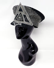 Black and silver Bermuda captain hat. Authentic up cycled military hat embellished with glitter, silver motive and rhinestones. Stage wear, rave outfit, costume hat, sequin hat, festival wear, statement hat, unique festival hat, handmade hat, costume hat, reworked, best captain hats, army hat, handmade in the UK, high end hat, high end party, halloween hat, halloween outfit, festival fashion, festival style, festival outfit