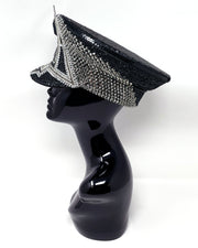 Black and silver Bermuda captain hat. Authentic up cycled military hat embellished with glitter, silver motive and rhinestones. Stage wear, rave outfit, costume hat, sequin hat, festival wear, statement hat, unique festival hat, handmade hat, costume hat, reworked, best captain hats, army hat, handmade in the UK, high end hat, high end party, halloween hat, halloween outfit, festival fashion, festival style, festival outfit
