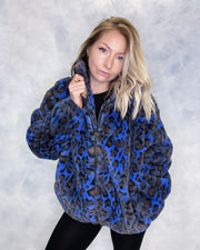 Blue Leopard Print Faux Fur Jacket