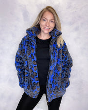 Blue Leopard Print Faux Fur Jacket