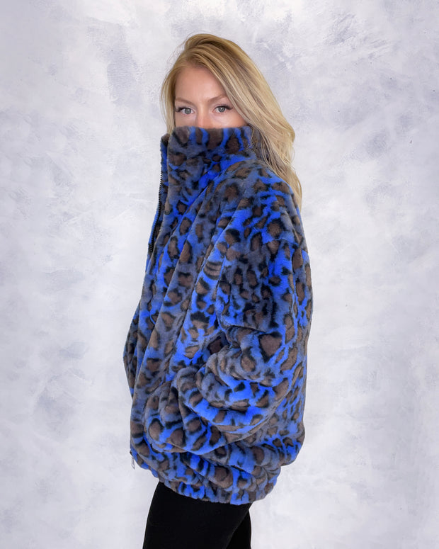 Blue Leopard Print Faux Fur Jacket