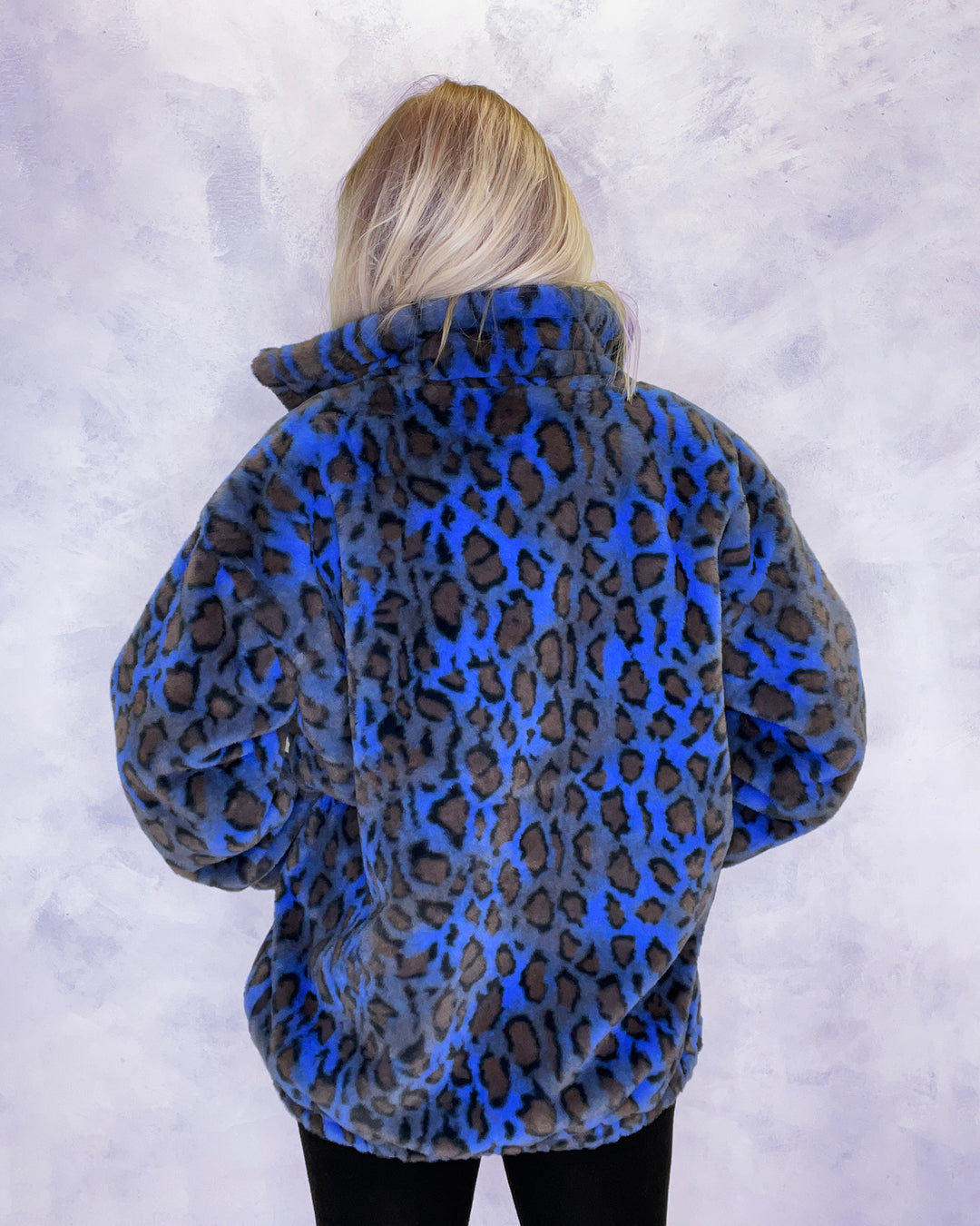 Blue Leopard Print Faux Fur Jacket