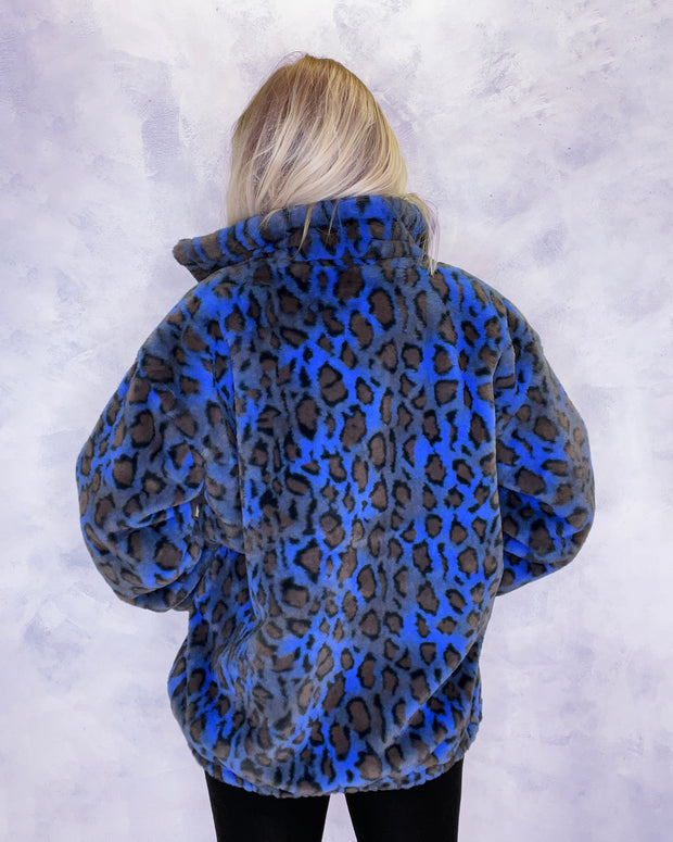 Blue Leopard Print Faux Fur Jacket