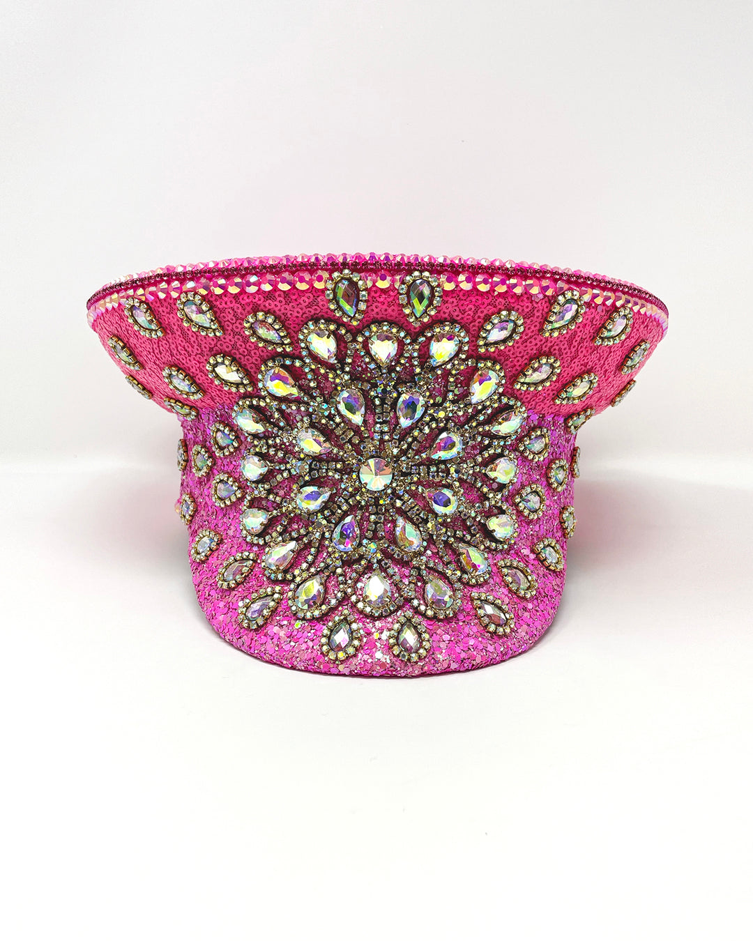 Barbie Splash Captain hat. Authentic up cycled military hat, freshly lined, with bright hot pink sequin fabric and glitter. Embellished with Gold metal clasped AB clear crystals and rhinestones. unique festival outfit, statement hat, dance costume, stage wear, high end party wear, hand embellished in the UK,  luxury headwear