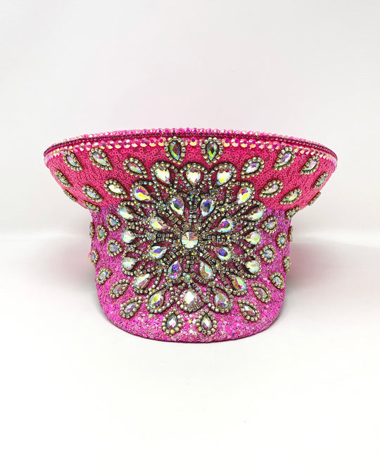 Barbie Splash Captain hat. Authentic up cycled military hat, freshly lined, with bright hot pink sequin fabric and glitter. Embellished with Gold metal clasped AB clear crystals and rhinestones. unique festival outfit, statement hat, dance costume, stage wear, high end party wear, hand embellished in the UK,  luxury headwear