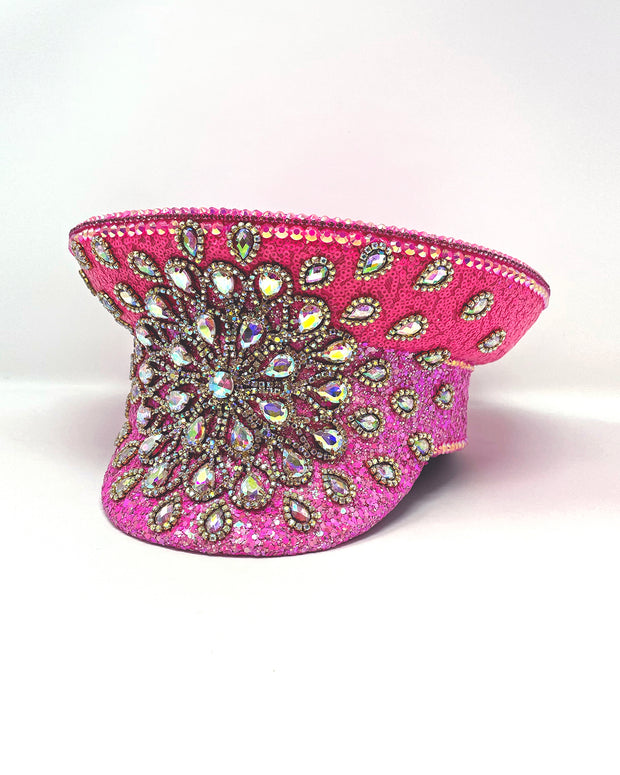 Barbie Splash Captain hat. Authentic up cycled military hat, freshly lined, with bright hot pink sequin fabric and glitter. Embellished with Gold metal clasped AB clear crystals and rhinestones. unique festival outfit, statement hat, dance costume, stage wear, high end party wear, hand embellished in the UK, luxury headwear