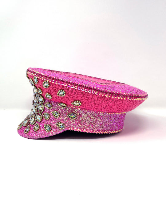 Barbie Splash Captain hat. Authentic up cycled military hat, freshly lined, with bright hot pink sequin fabric and glitter. Embellished with Gold metal clasped AB clear crystals and rhinestones. unique festival outfit, statement hat, dance costume, stage wear, high end party wear, hand embellished in the UK, luxury headwear