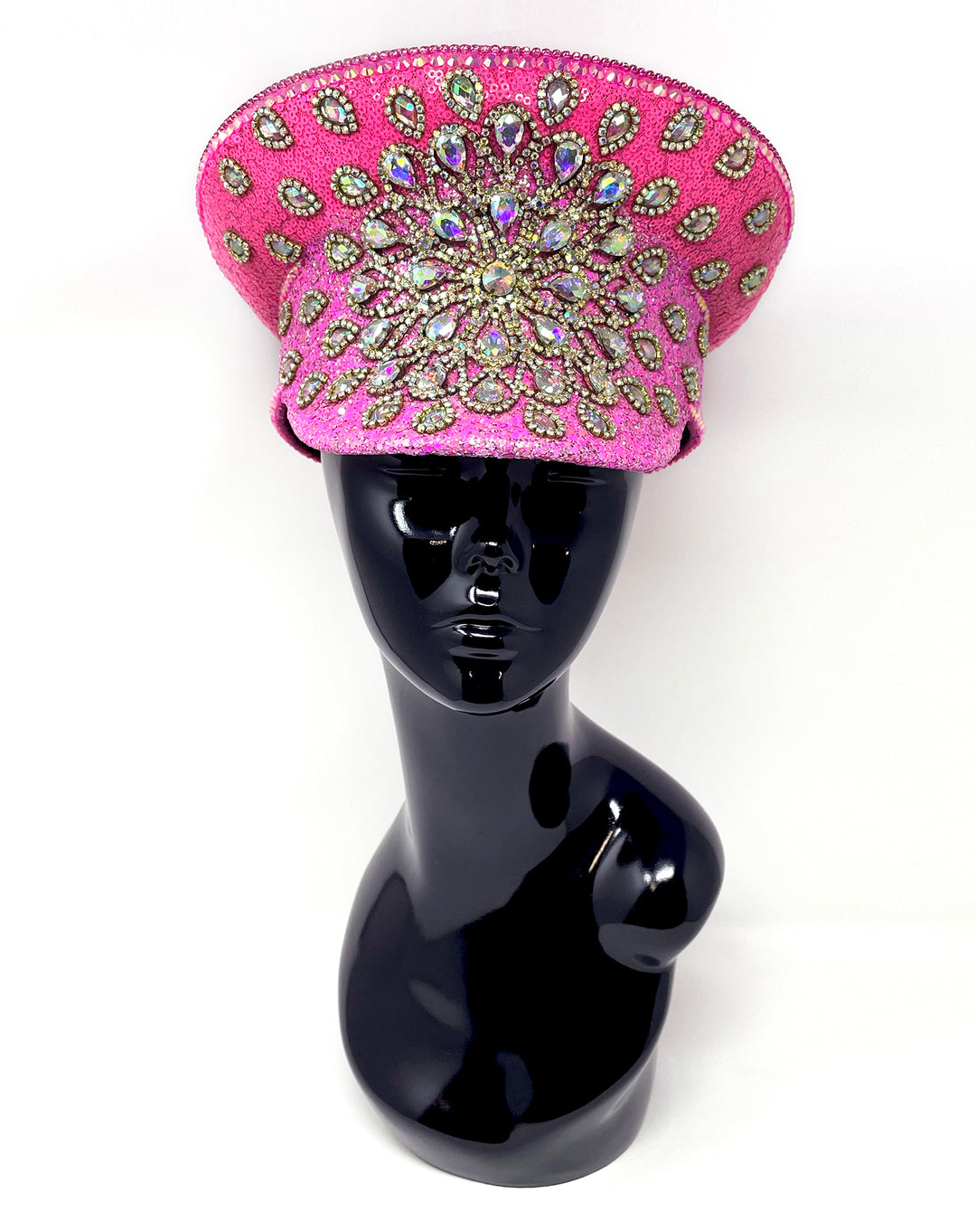 Barbie Splash Captain hat. Authentic up cycled military hat, freshly lined, with bright hot pink sequin fabric and glitter. Embellished with Gold metal clasped AB clear crystals and rhinestones. unique festival outfit, statement hat, dance costume, stage wear, high end party wear, hand embellished in the UK, luxury headwear