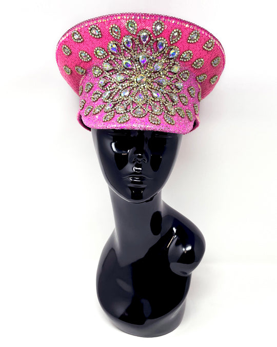 Barbie Splash Captain hat. Authentic up cycled military hat, freshly lined, with bright hot pink sequin fabric and glitter. Embellished with Gold metal clasped AB clear crystals and rhinestones. unique festival outfit, statement hat, dance costume, stage wear, high end party wear, hand embellished in the UK, luxury headwear