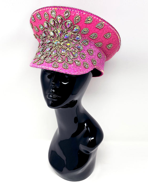 Barbie Splash Captain hat. Authentic up cycled military hat, freshly lined, with bright hot pink sequin fabric and glitter. Embellished with Gold metal clasped AB clear crystals and rhinestones. unique festival outfit, statement hat, dance costume, stage wear, high end party wear, hand embellished in the UK, luxury headwear