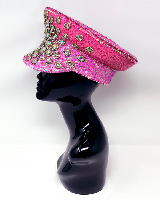 Barbie Splash Captain hat. Authentic up cycled military hat, freshly lined, with bright hot pink sequin fabric and glitter. Embellished with Gold metal clasped AB clear crystals and rhinestones. unique festival outfit, statement hat, dance costume, stage wear, high end party wear, hand embellished in the UK, luxury headwear
