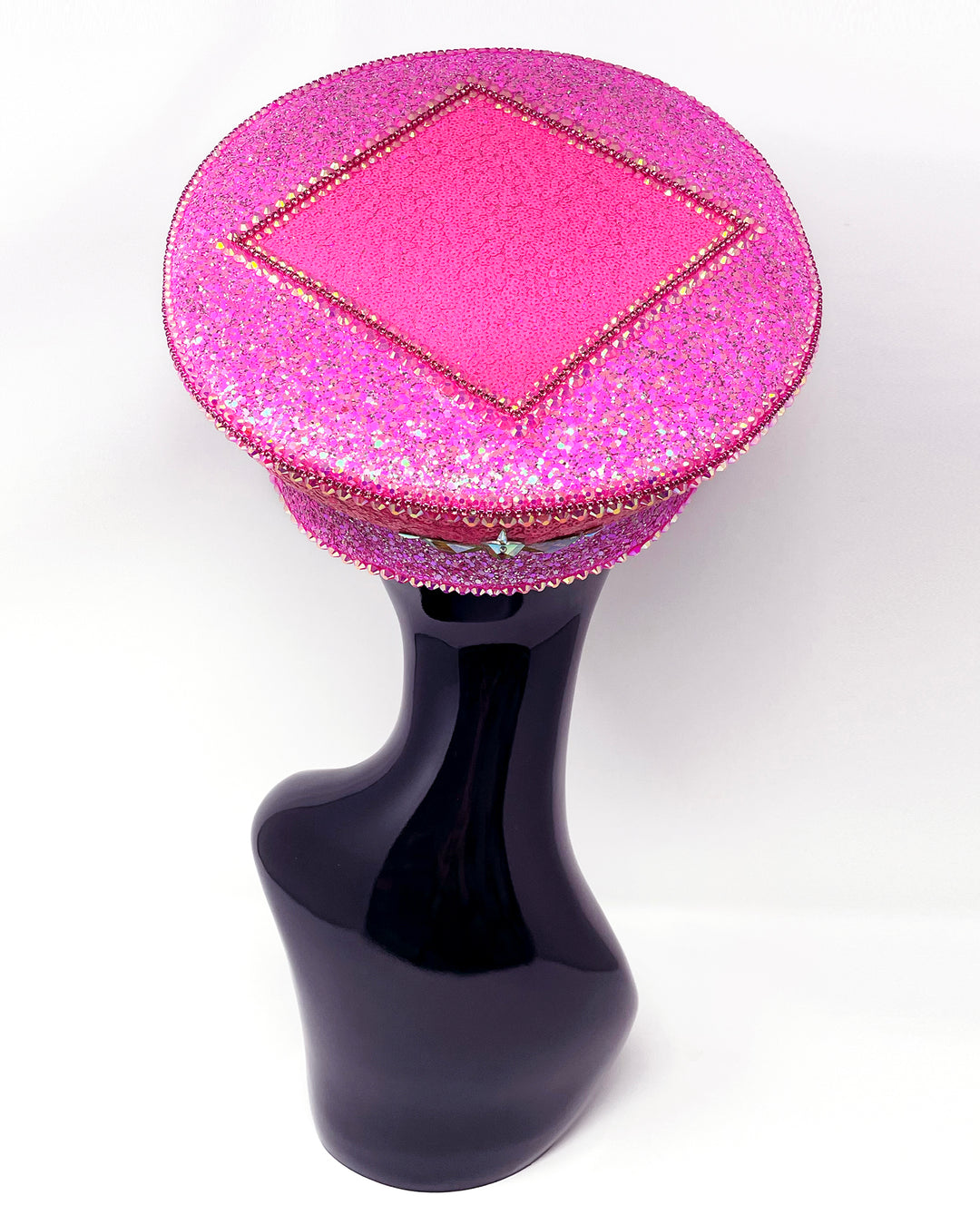 Barbie Splash Captain hat. Authentic up cycled military hat, freshly lined, with bright hot pink sequin fabric and glitter. Embellished with Gold metal clasped AB clear crystals and rhinestones. unique festival outfit, statement hat, dance costume, stage wear, high end party wear, hand embellished in the UK, luxury headwear