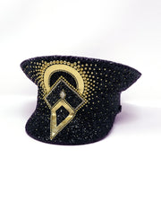 Black and gold Captain hat. Authentic up cycled military hat, fully lined, hand embellished with black glitter, beautifully hand detailed with gold faux leather, clasped crystals and gold pearl like rhinestones. costume hat, festival hat, festival outfit, statement hat, high end hats, high end party wear, where to buy captain hats, stage wear, unique fashion, custom stagewear, festival essentials, festival headwear, halloween outfit