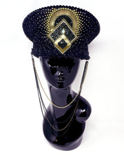 Black and gold Captain hat. Authentic up cycled military hat, fully lined, hand embellished with black glitter, beautifully hand detailed with gold faux leather, clasped crystals and gold pearl like rhinestones. costume hat, festival hat, festival outfit, statement hat, high end hats, high end party wear, where to buy captain hats, stage wear, unique fashion, custom stagewear, festival essentials, festival headwear, halloween outfit