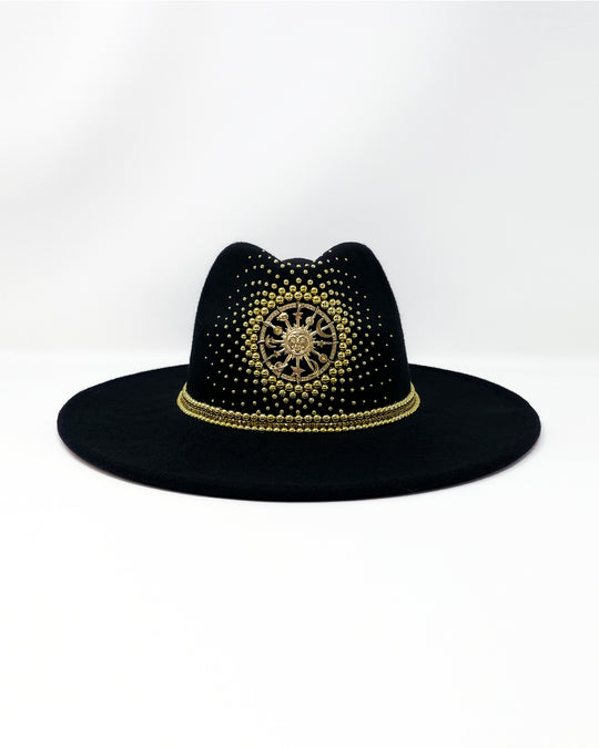 Black wide brim fedora hat. Gold sun & moon motive, hand embellished with gold metal clasped crystals & pearl like rhinestones. ladies day, festival hat, crystals, felt hat, boho, wool hat, classic hat, solstice, best fedora brand, festival outfit