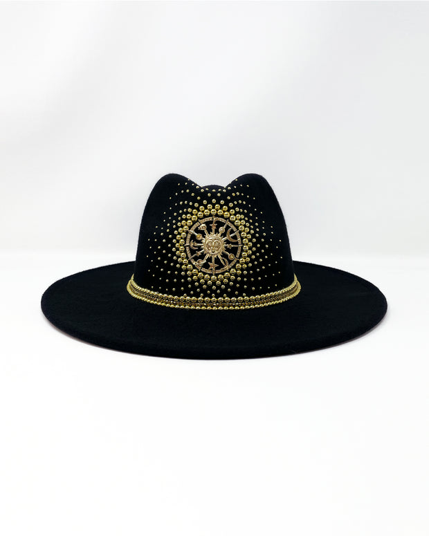 Black wide brim fedora hat. Gold sun & moon motive, hand embellished with gold metal clasped crystals & pearl like rhinestones. ladies day, festival hat, crystals, felt hat, boho, wool hat, classic hat, solstice, best fedora brand, festival outfit