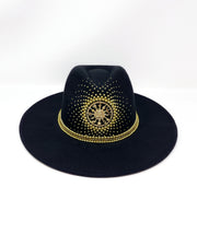 Black wide brim fedora hat. Gold sun & moon motive, hand embellished with gold metal clasped crystals & pearl like rhinestones. ladies day, festival hat, crystals, felt hat, boho, wool hat, classic hat, solstice, best fedora brand, festival outfit