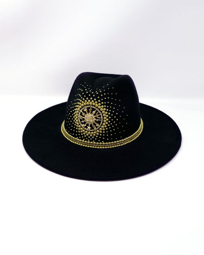 Black wide brim fedora hat. Gold sun & moon motive, hand embellished with gold metal clasped crystals & pearl like rhinestones. ladies day, festival hat, crystals, felt hat, boho, wool hat, classic hat, solstice, best fedora brand, festival outfit