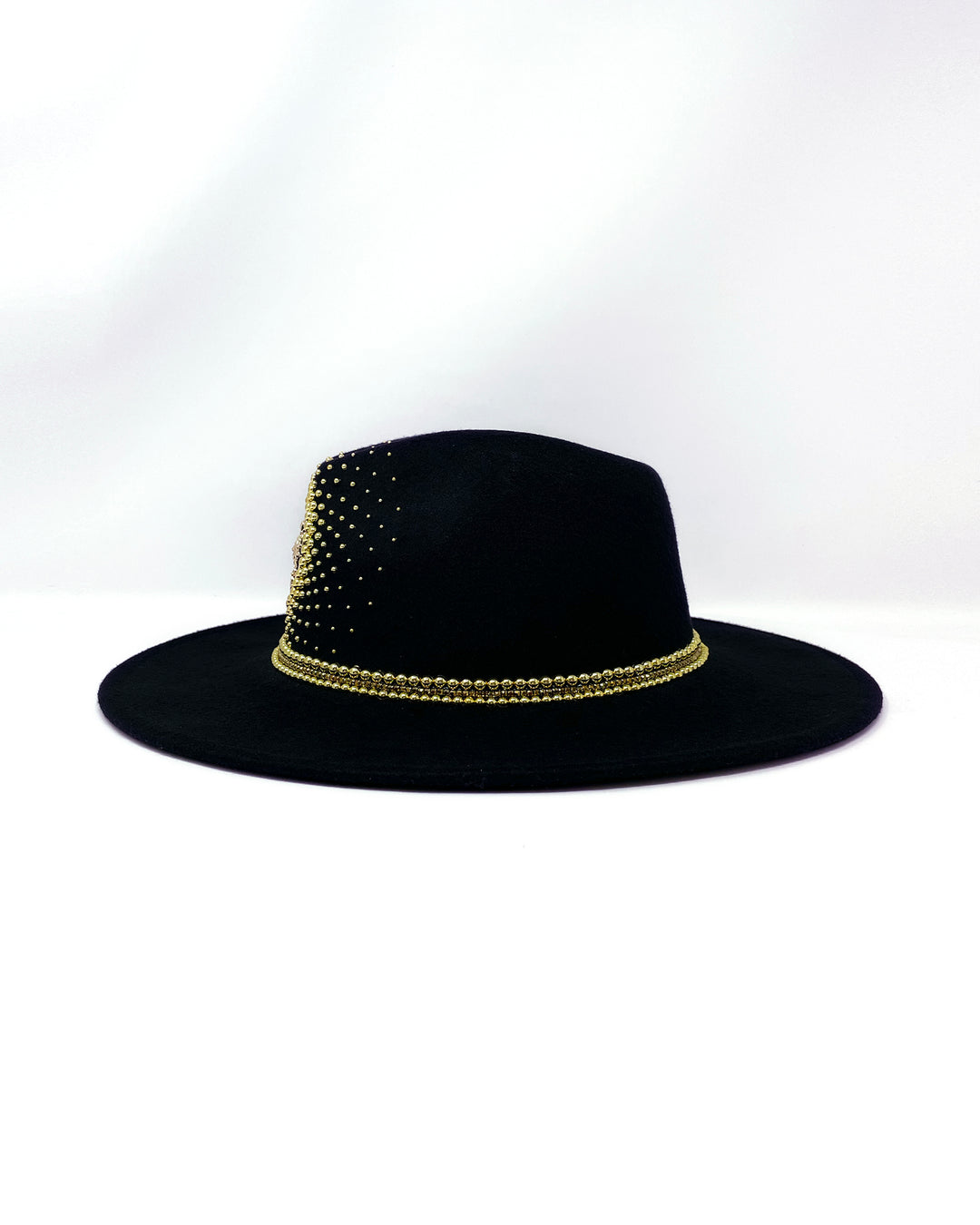 Black wide brim fedora hat. Gold sun & moon motive, hand embellished with gold metal clasped crystals & pearl like rhinestones. ladies day, festival hat, crystals, felt hat, boho, wool hat, classic hat, solstice, best fedora brand, festival outfit