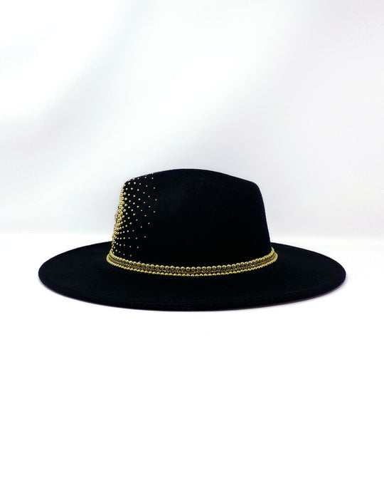 Black wide brim fedora hat. Gold sun & moon motive, hand embellished with gold metal clasped crystals & pearl like rhinestones. ladies day, festival hat, crystals, felt hat, boho, wool hat, classic hat, solstice, best fedora brand, festival outfit
