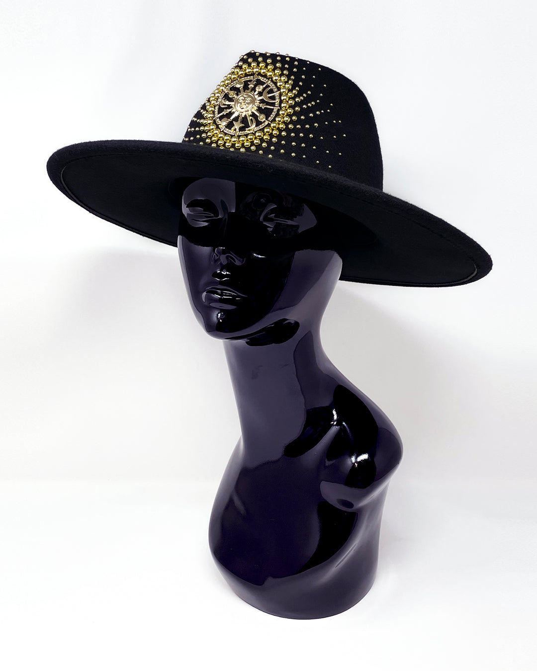 Black wide brim fedora hat. Gold sun & moon motive, hand embellished with gold metal clasped crystals & pearl like rhinestones. ladies day, festival hat, crystals, felt hat, boho, wool hat, classic hat, solstice, best fedora brand, festival outfit