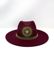 Burgundy red wide brim fedora hat, Gold sun & moon metal motive, hand embellished with metal clasped crystals & gold pearl like rhinestones. crystals, ladies day, festival hat, felt hat, boho, wool hat, classic fedora, British design, festival fashion, festival outfit, ladies day hat, designer hat, festival hat ideas, bohemian hat