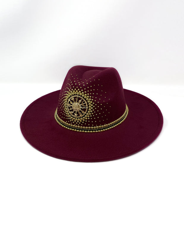 Burgundy red wide brim fedora hat, Gold sun & moon metal motive, hand embellished with metal clasped crystals & gold pearl like rhinestones. crystals, ladies day, festival hat, felt hat, boho, wool hat, classic fedora, British design, festival fashion, festival outfit, ladies day hat, designer hat, festival hat ideas, bohemian hat