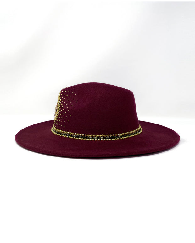 Burgundy red wide brim fedora hat, Gold sun & moon metal motive, hand embellished with metal clasped crystals & gold pearl like rhinestones. crystals, ladies day, festival hat, felt hat, boho, wool hat, classic fedora, British design, festival fashion, festival outfit, ladies day hat, designer hat, festival hat ideas, bohemian hat