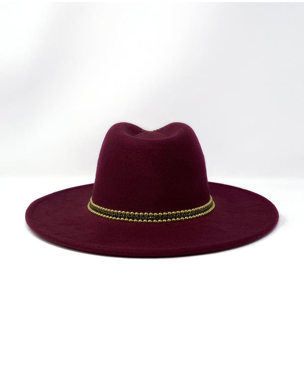 Burgundy red wide brim fedora hat, Gold sun & moon metal motive, hand embellished with metal clasped crystals & gold pearl like rhinestones. crystals, ladies day, festival hat, felt hat, boho, wool hat, classic fedora, British design, festival fashion, festival outfit, ladies day hat, designer hat, festival hat ideas, bohemian hat, wine red