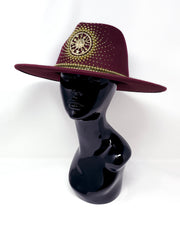 Burgundy red wide brim fedora hat, Gold sun & moon metal motive, hand embellished with metal clasped crystals & gold pearl like rhinestones. crystals, ladies day, festival hat, felt hat, boho, wool hat, classic fedora, British design, festival fashion, festival outfit, ladies day hat, designer hat, festival hat ideas, bohemian hat, wine red