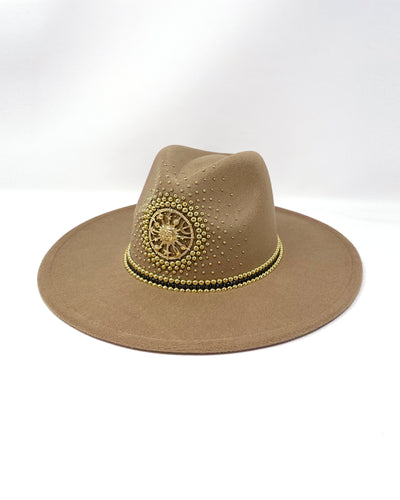 Camel colour wide brim fedora hat, Gold sun & moon motive, hand embellished with gold metal clasped crystals & pearl like rhinestones. ladies day, festival hat, felt hat, boho, wool hat, hat, solstice, designer hat, festival fashion, British design, bohemian hat, ethical fashion brand, festival checklist, statement hat, unique fashion, best fedora hat brand, festival outfit, festival style