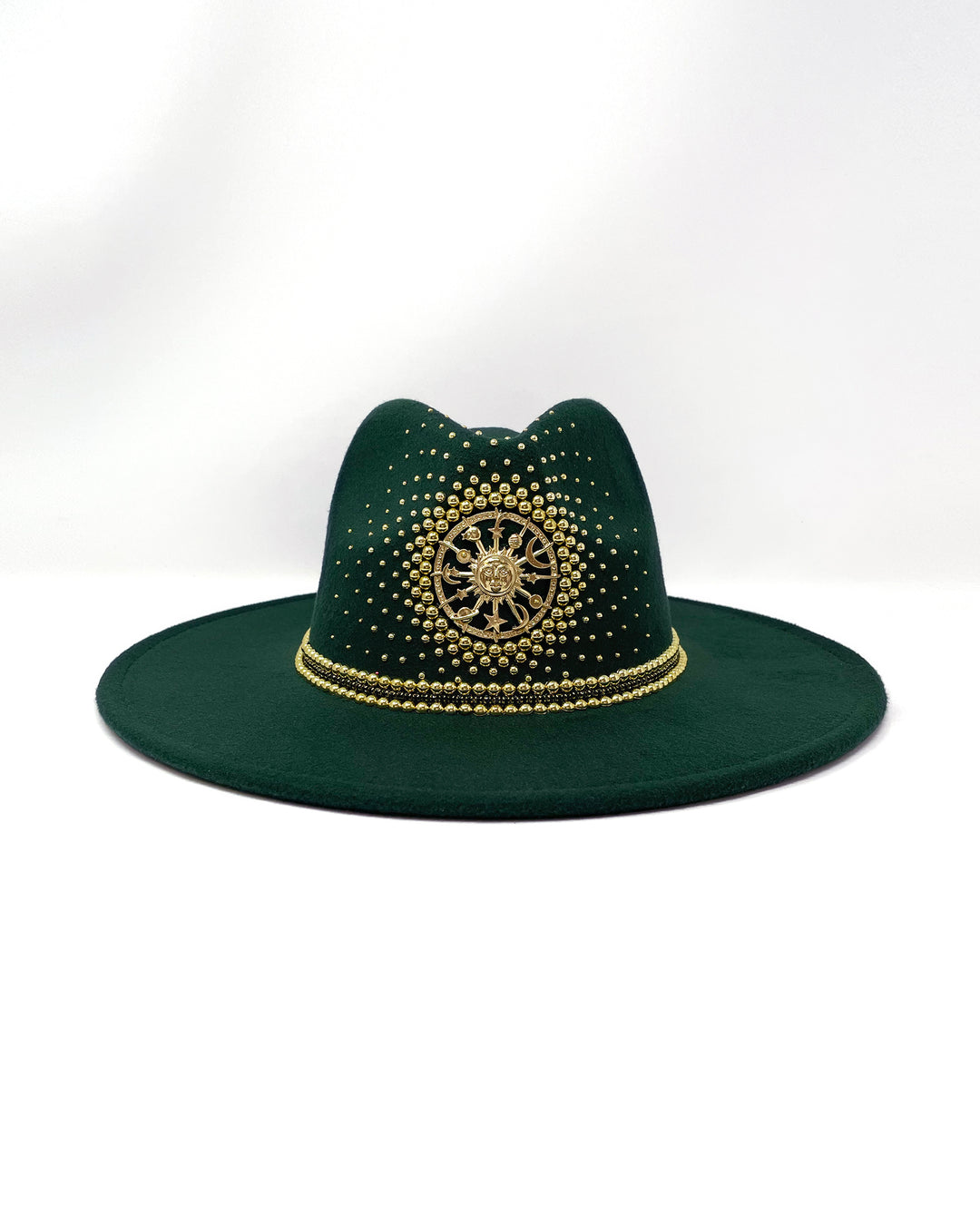 Forest Green Fedora. Gold sun and moon centre motif design,  hand embellished with a gold pearl scatter. crystal and gold rhinestone band. ladies day hat, festival hat, boho, wide brim, moss green, wool hat , designer hat, festival hat, best fedora hat brand, festival fashion, hand embellished, made in the UK, ethical fashion brand, custom fedora, festival essentials, felt hat, statement hat, classic fedora, festival outfit inspiration, unique fashion