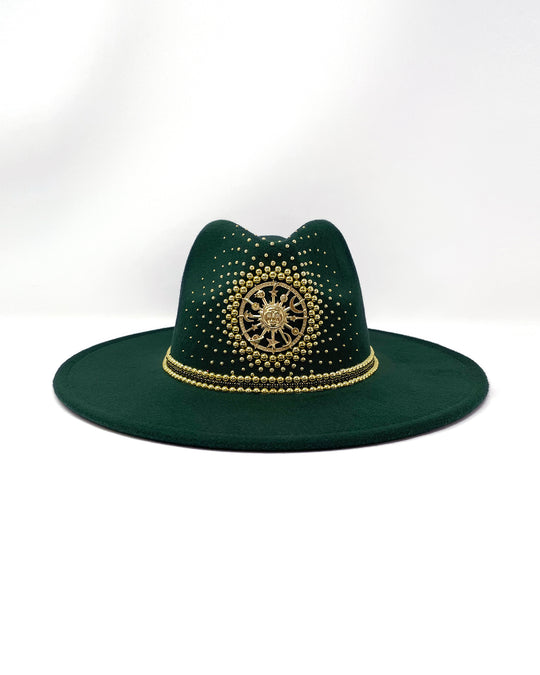Forest Green Fedora. Gold sun and moon centre motif design,  hand embellished with a gold pearl scatter. crystal and gold rhinestone band. ladies day hat, festival hat, boho, wide brim, moss green, wool hat , designer hat, festival hat, best fedora hat brand, festival fashion, hand embellished, made in the UK, ethical fashion brand, custom fedora, festival essentials, felt hat, statement hat, classic fedora, festival outfit inspiration, unique fashion