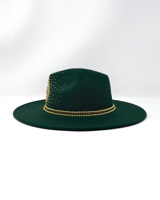 Forest Green Fedora. Gold sun and moon centre motif design,  hand embellished with a gold pearl scatter. crystal and gold rhinestone band. ladies day hat, festival hat, boho, wide brim, moss green, wool hat , designer hat, festival hat, best fedora hat brand, festival fashion, hand embellished, made in the UK, ethical fashion brand, custom fedora, festival essentials, felt hat, statement hat, classic fedora, festival outfit inspiration, unique fashion