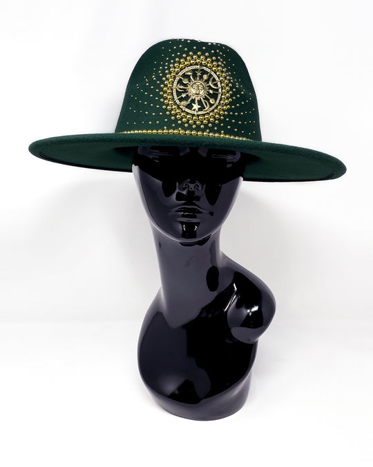 Forest Green Fedora. Gold sun and moon centre motif design,  hand embellished with a gold pearl scatter. crystal and gold rhinestone band. ladies day hat, festival hat, boho, wide brim, moss green, wool hat , designer hat, festival hat, best fedora hat brand, festival fashion, hand embellished, made in the UK, ethical fashion brand, custom fedora, festival essentials, felt hat, statement hat, classic fedora, festival outfit inspiration, unique fashion