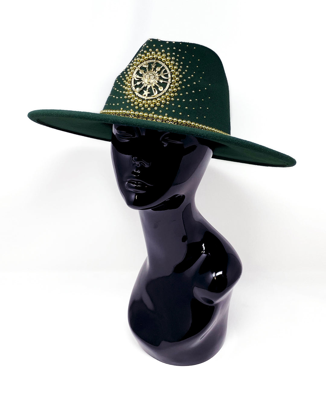 Forest Green Fedora. Gold sun and moon centre motif design,  hand embellished with a gold pearl scatter. crystal and gold rhinestone band. ladies day hat, festival hat, boho, wide brim, moss green, wool hat , designer hat, festival hat, best fedora hat brand, festival fashion, hand embellished, made in the UK, ethical fashion brand, custom fedora, festival essentials, felt hat, statement hat, classic fedora, festival outfit inspiration, unique fashion