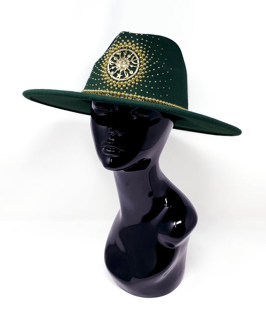 Forest Green Fedora. Gold sun and moon centre motif design,  hand embellished with a gold pearl scatter. crystal and gold rhinestone band. ladies day hat, festival hat, boho, wide brim, moss green, wool hat , designer hat, festival hat, best fedora hat brand, festival fashion, hand embellished, made in the UK, ethical fashion brand, custom fedora, festival essentials, felt hat, statement hat, classic fedora, festival outfit inspiration, unique fashion