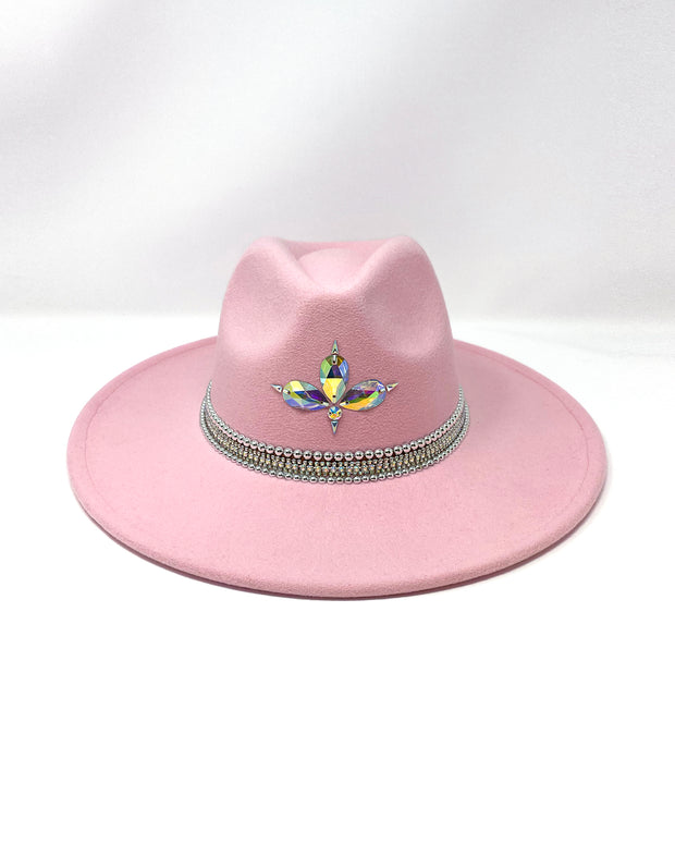 Light pink wide brim fedora hat, hand embellished with metal clasped crystals, silver pearl like rhinestones & Jukebox signature iridescent crystal logo. baby pink, ladies day, festival hat, boho, crystals, felt hat, hen do, bride hat, festival wear