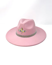 Light pink wide brim fedora hat, hand embellished with metal clasped crystals, silver pearl like rhinestones & Jukebox signature iridescent crystal logo. baby pink, ladies day, festival hat, boho, crystals, felt hat, hen do, bride hat, festival wear 